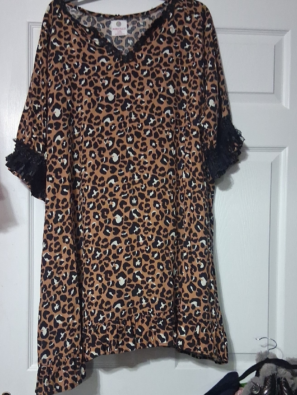 Leopard-Print Midi Dress with Black Lace Trim